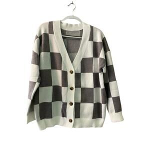 Women's L Cardigan Sweater White/Gray Checkered Dropped Shoulder‎ Button-Detail